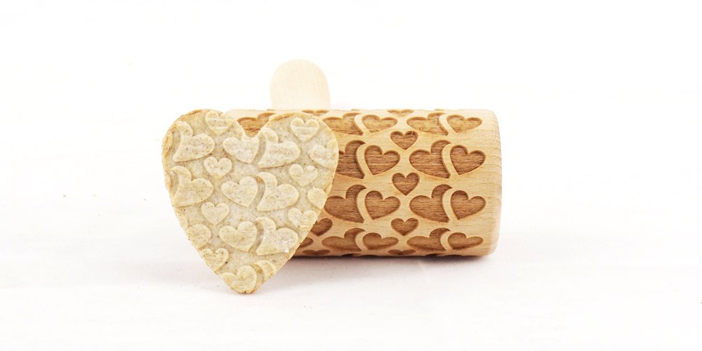 Rolling Pin Embossed With Double Hearts Pattern For Baking Engraved Cookies Size Roller 4 Inch