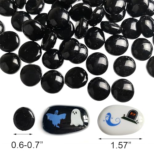 HappyFiller 5 LB Black Glass Gems Pebble Stones with 2 Pcs Large Printed Flat Marbles for Vase Filler Decor,Table Scatter,Fire P