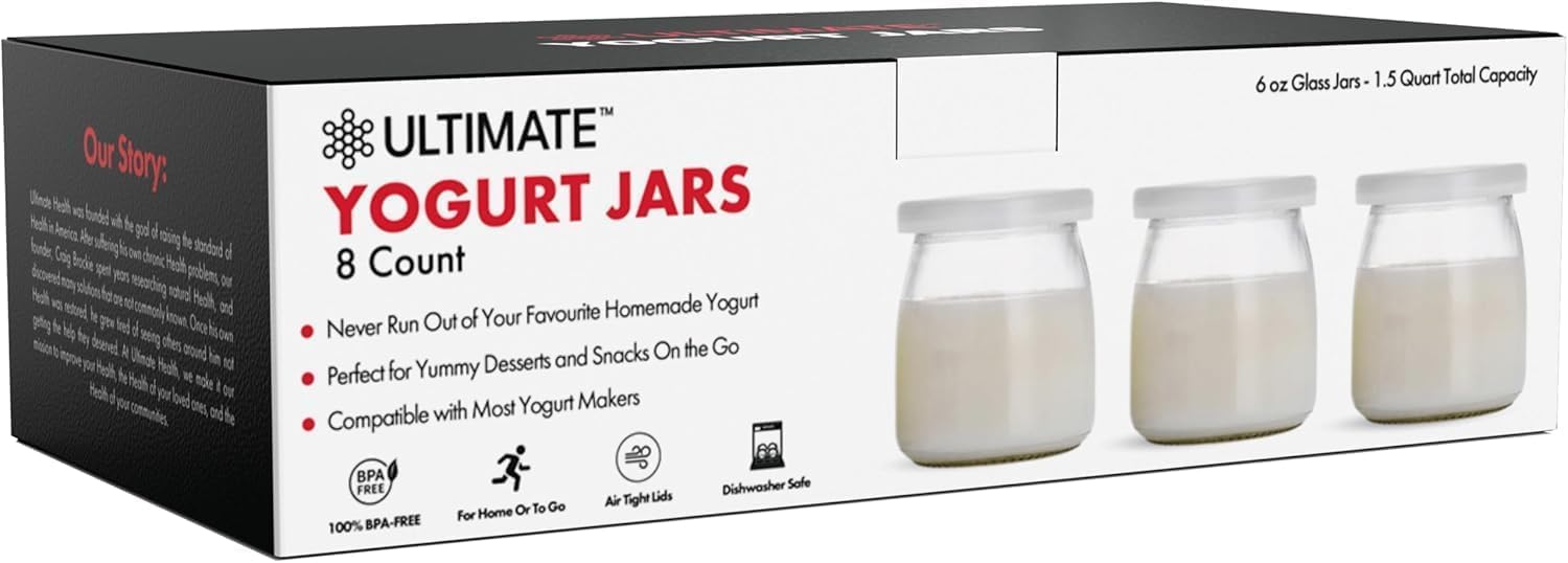 Ultimate Yogurt Jars, 6oz Glass Yogurt Cups With Lids 8 Pack, 100% BPA Free, Airtight & Dishwasher Safe. Perfect Containers for 