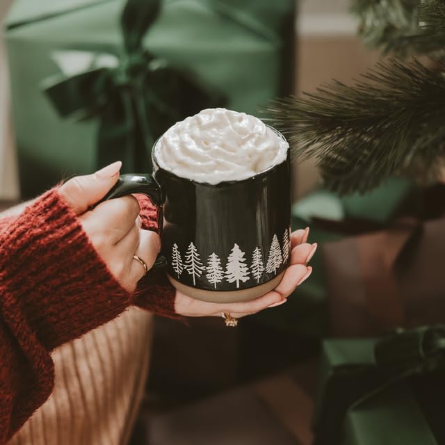Sweet Water Decor White Pine Trees Coffee Mug, 14oz Stoneware Christmas Mug, Dishwasher & Microwave Safe, Large Holiday Winter C