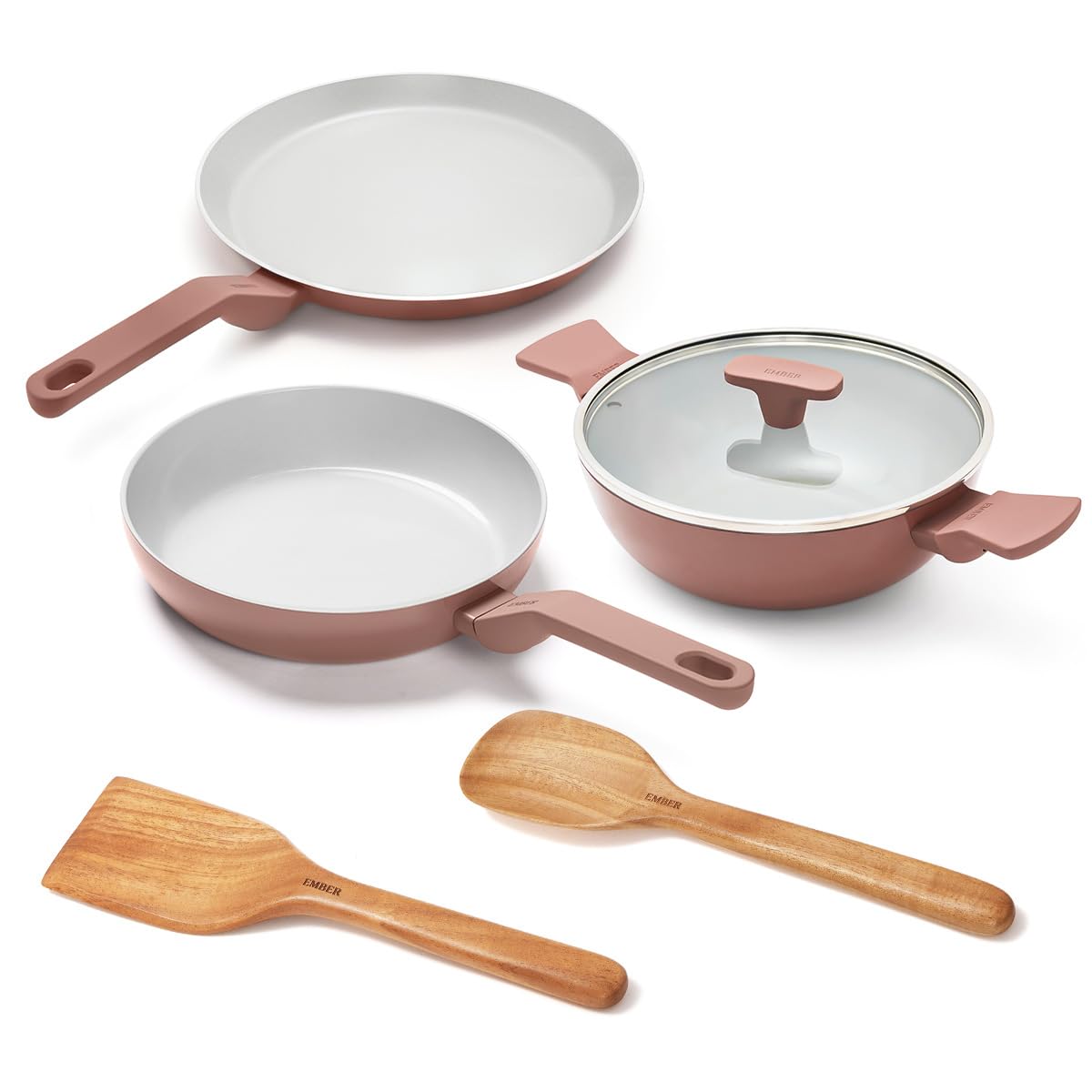 Ember Cookware Arcilla Ceramic Non Stick Cookware Set Of 3 | Frying Pan 24Cm, Kadai 2.6 Litre With Glass Lid & Tawa 28Cm | Non T