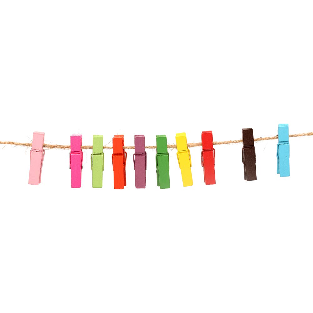 Jijacraft 100Pcs Colorful Clothespins With String Cords, 1.4 Inch Heavy-Duty Wooden Clothes Pins With 98 Feet Jute Twine, Mini P