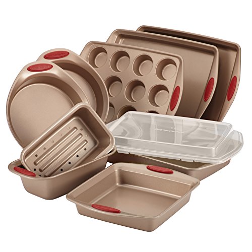 Rachael Ray Cucina Nonstick Bakeware Set Baking Cookie Sheets Cake Muffin Bread Pan, 10 Piece, Latte Brown With Cranberry Red Gr