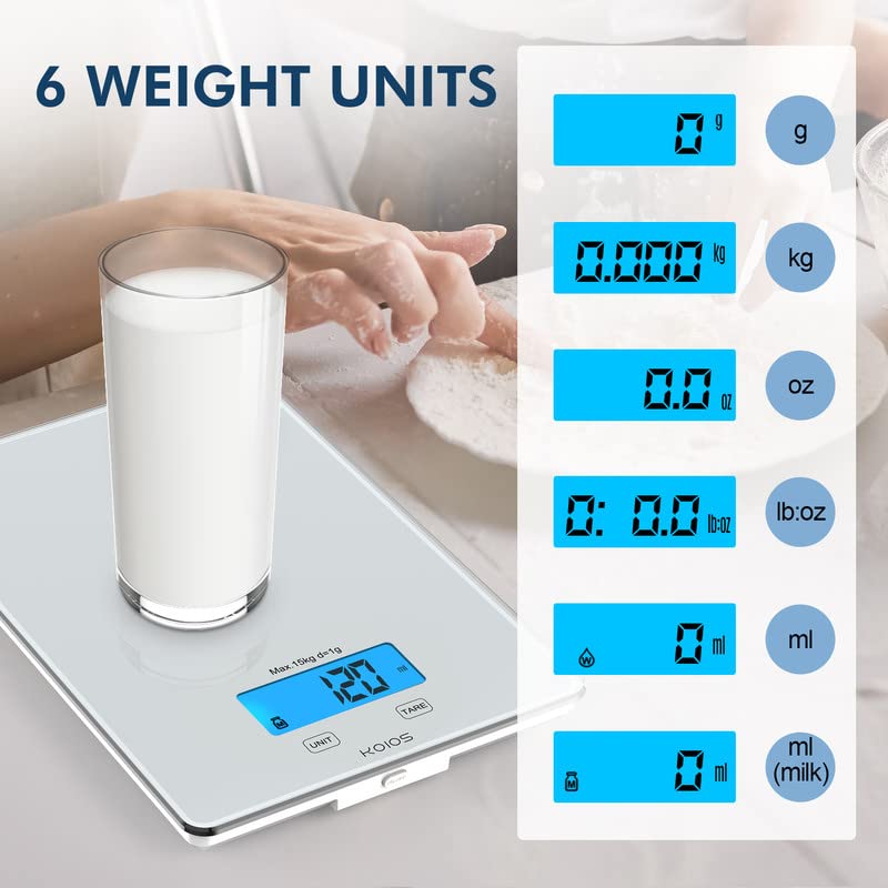 Koios Usb Rechargeable Food Scale, 33Lb/15Kg Kitchen Scale Digital Weight Grams And Oz For Cooking Baking, 1G/0.1Oz Precise Grad