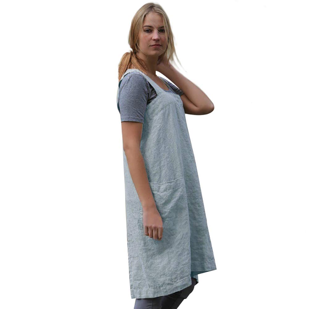 Women 'S Pinafore Square Apron Baking Cooking Gardening Works Cross Back Cotton/Linen Blend Dress With 2 Pockets Light Blue-3Xl