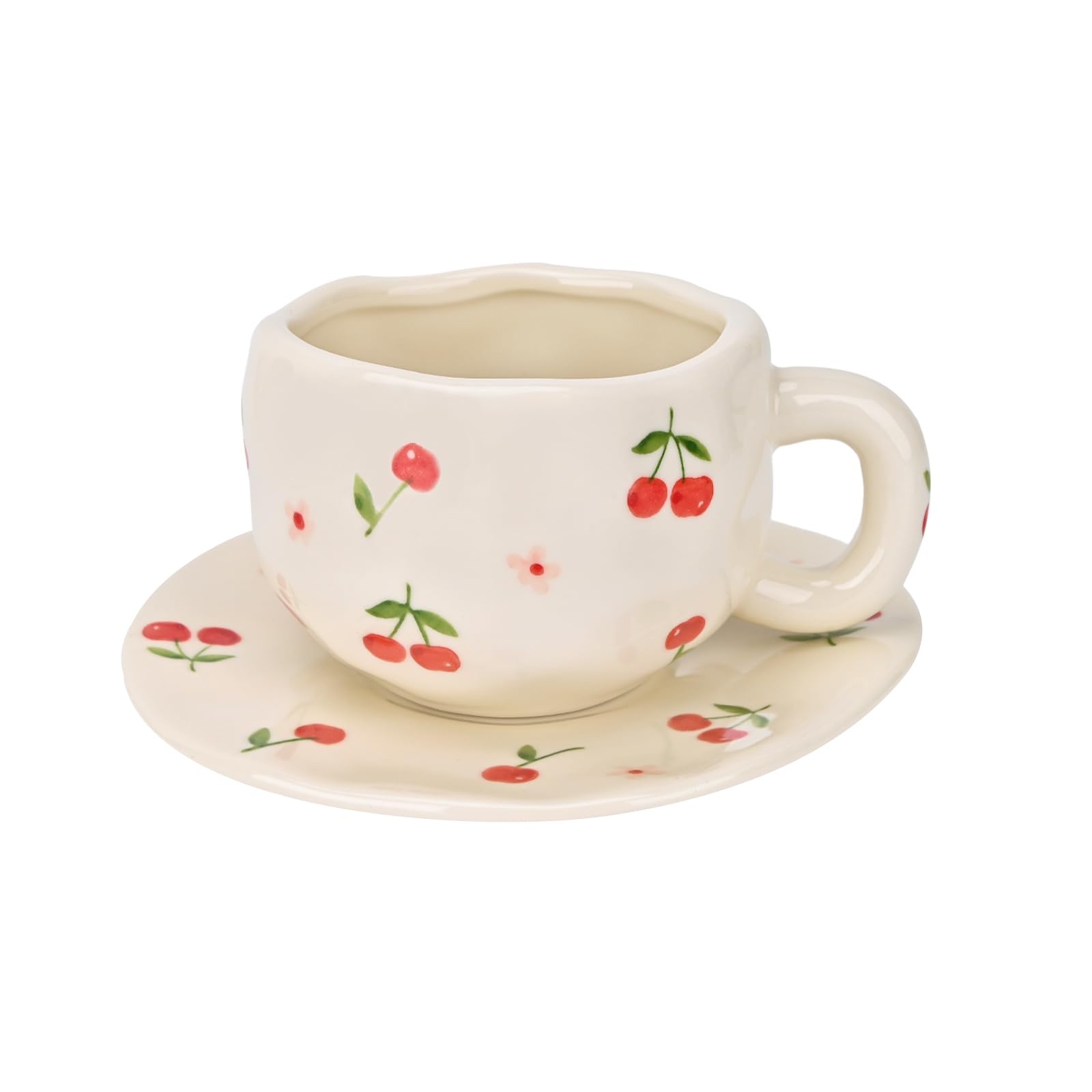Koythin 10oz Irregular Ceramic Mug With Saucer, Color Cherry Latte Tea Cup