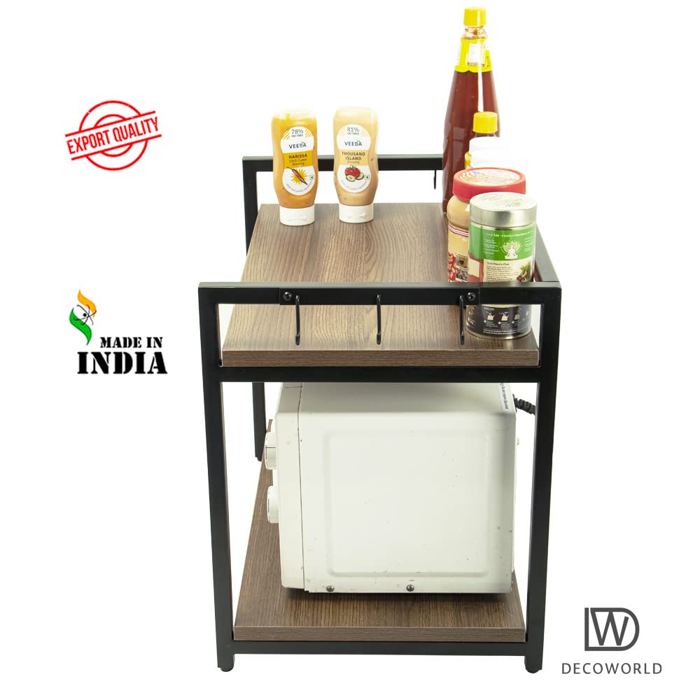 DECOWORLD || Microwave stand || Metal Microwave Stand for Kitchen Counter|| Double Platform for Extra Storage with hooks|| Kitch