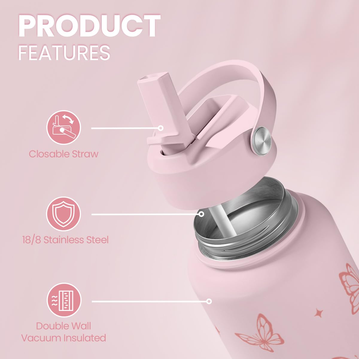 SANDJEST Butterfly Water Bottle Insulated Vacuum Stainless Steel 32oz with Lid, Gifts for Women Girls Teens Birthday Christmas