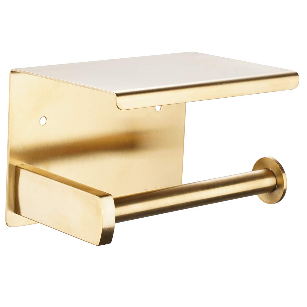 Adhesive Toilet Paper Holder With Shelf, Sus304 Stainless Steel Toilet Paper Roll Holder, Brushed Gold, No Drilling Or Wall-Moun
