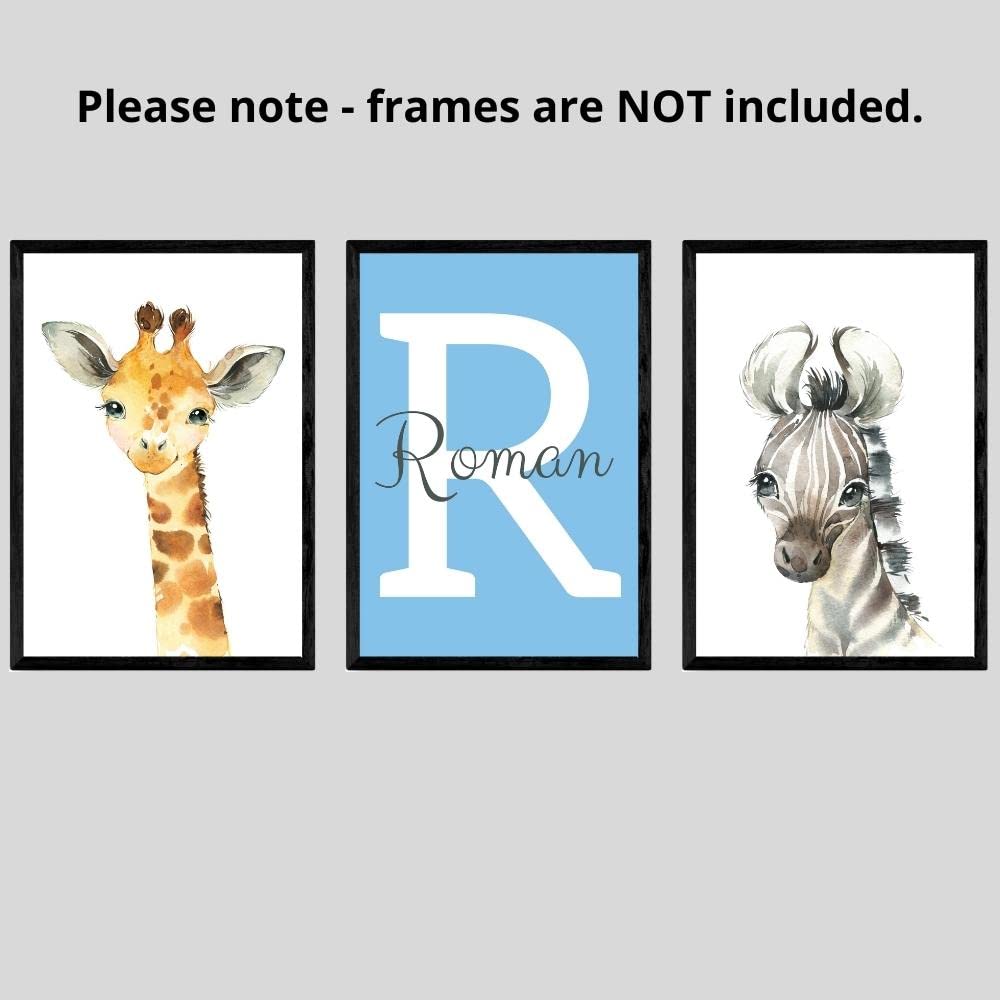 Personalized Safari Animals for Boy Girl Nursery  Set of 3 Unframed Bedroom Poster Prints  Personalized Name Blue Green Yellow  Giraffe Elephant Lion Panda (12x16)