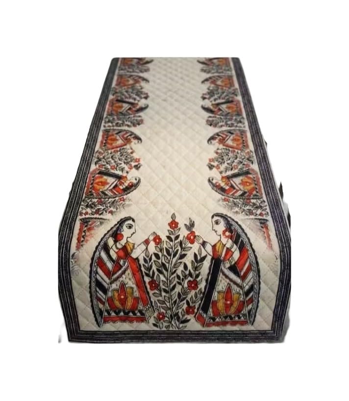 Madhubani Art Quilted Table Runner, Cream with Ethnic Print