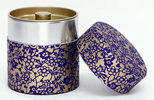 Kotodo Washi Paper Tea Tin Canister: Wide 3.5Oz (100G) Purple And Gold Flower & Ivy (#80), Japan