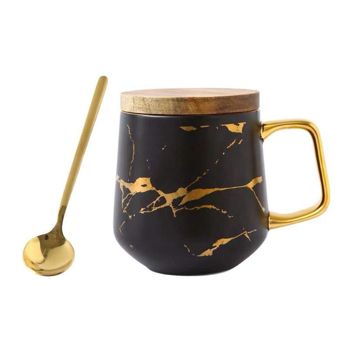 Eplze Ybk Tech Porcelain Tea Cup Coffee Mug Set For Afternoon Tea - Marble Pattern (Black, Tall 400Ml + Wood Lid)