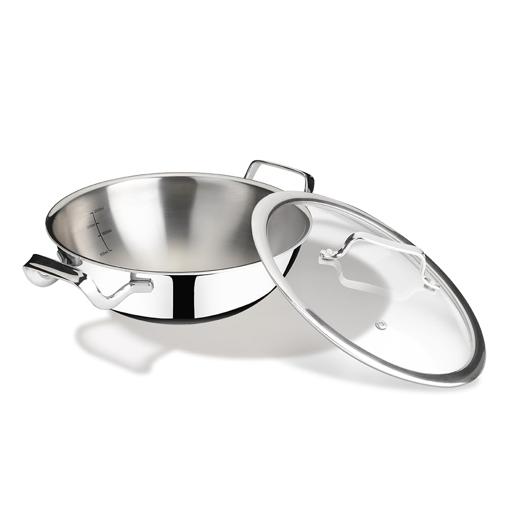 Arttdinox By Jindal Lifestyle Reflecto Triply Stainless Steel Kadai With Glass Lid | Kadhai Steel Triply | Steel Kadai For Fryin