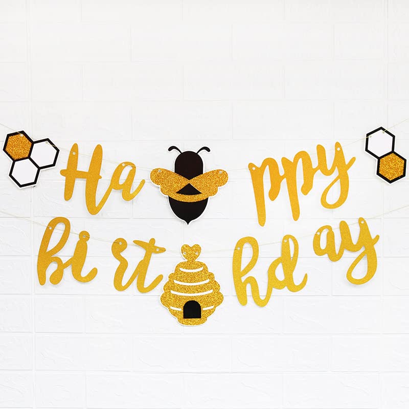 Atpata Funky Bee Happy Birthday Party Banner  Gold Glitter Card Paper, Bee Theme Party Decorations