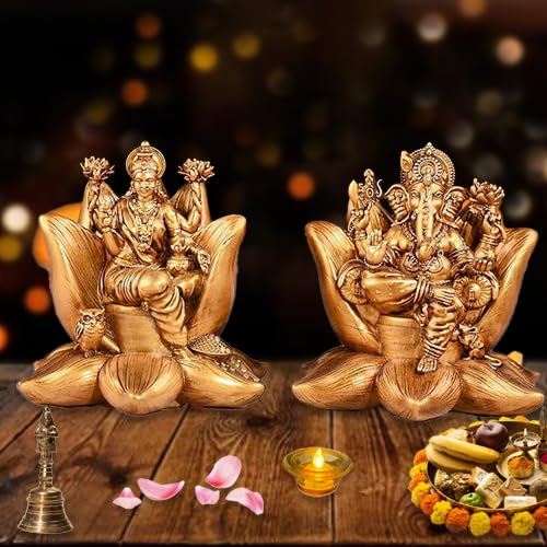A&S Ventures Kamal Laxmi Ganesh Gold Idol Polyresin Laxmi Ganesh Ji Lakshmi Devi Idol Lord Ganesh Ji Statue For Home Puja Goddes