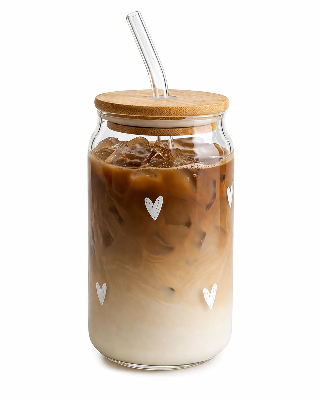 THE UMBRELLA STORE Doodle Heart Glass Coffee Tumbler with Bamboo Lid & Glass Straw | 520ml Iced Coffee Cup with Cute Heart Print