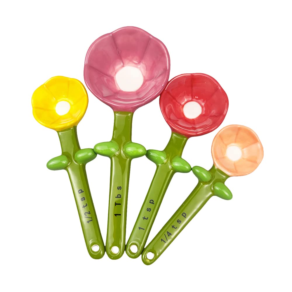 Sizikato 4Pcs Porcelain Measuring Spoons With Base, Cute Flower Shape