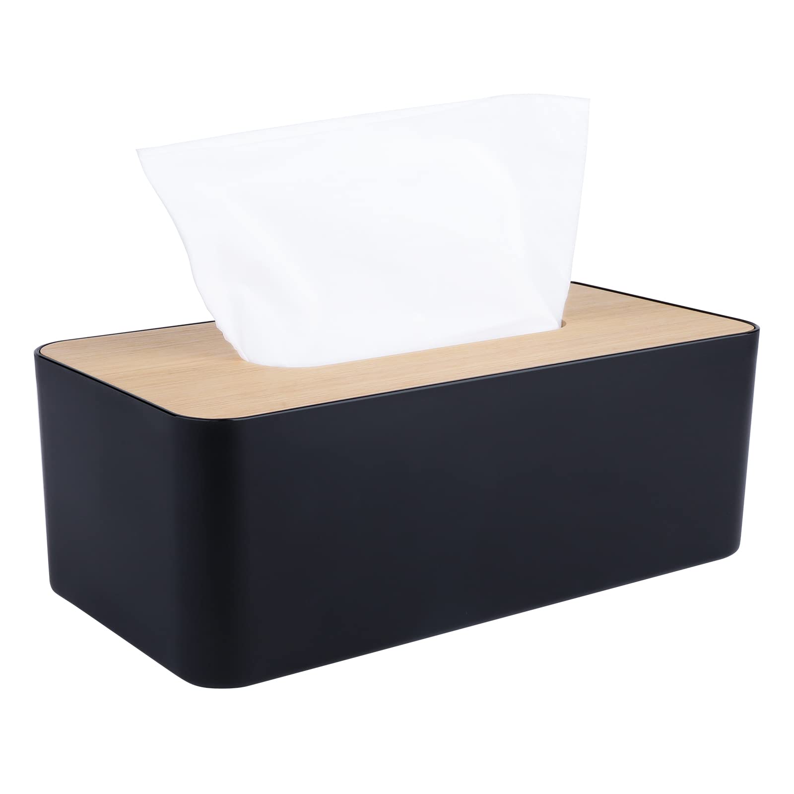 Tissue Box Cover,Tissue Holders,Tissue Box Holder For Bathrooms,Bamboo Cover Plate,Home And Office,9.7 * 5 * 3.6In (Black)