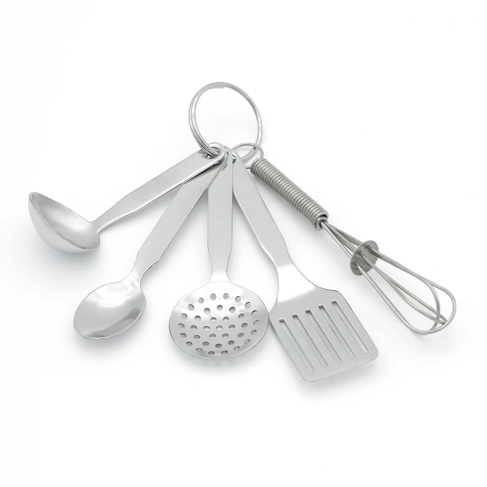 Leadup Mini Stainless Steel Kitchen Tool Set With Keychain(3.5''),Set Of 5,Includes Whisk, Spatula, Spoon, Skimmer,Soup Ladle