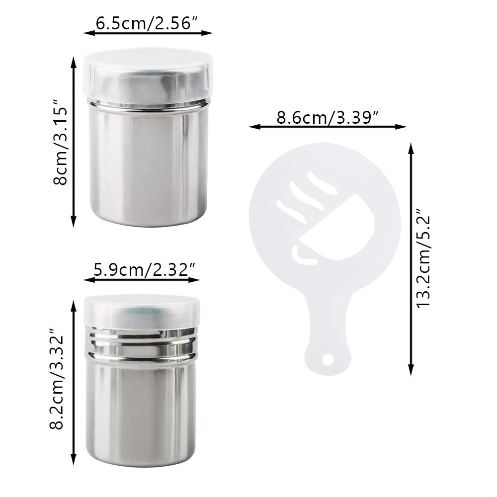 Aifuda 3 Pack Stainless Steel Powder Shaker With 16 Pcs Printing Molds Stencils, Powder Cans With Mesh For Coffee Cappuccino Lat
