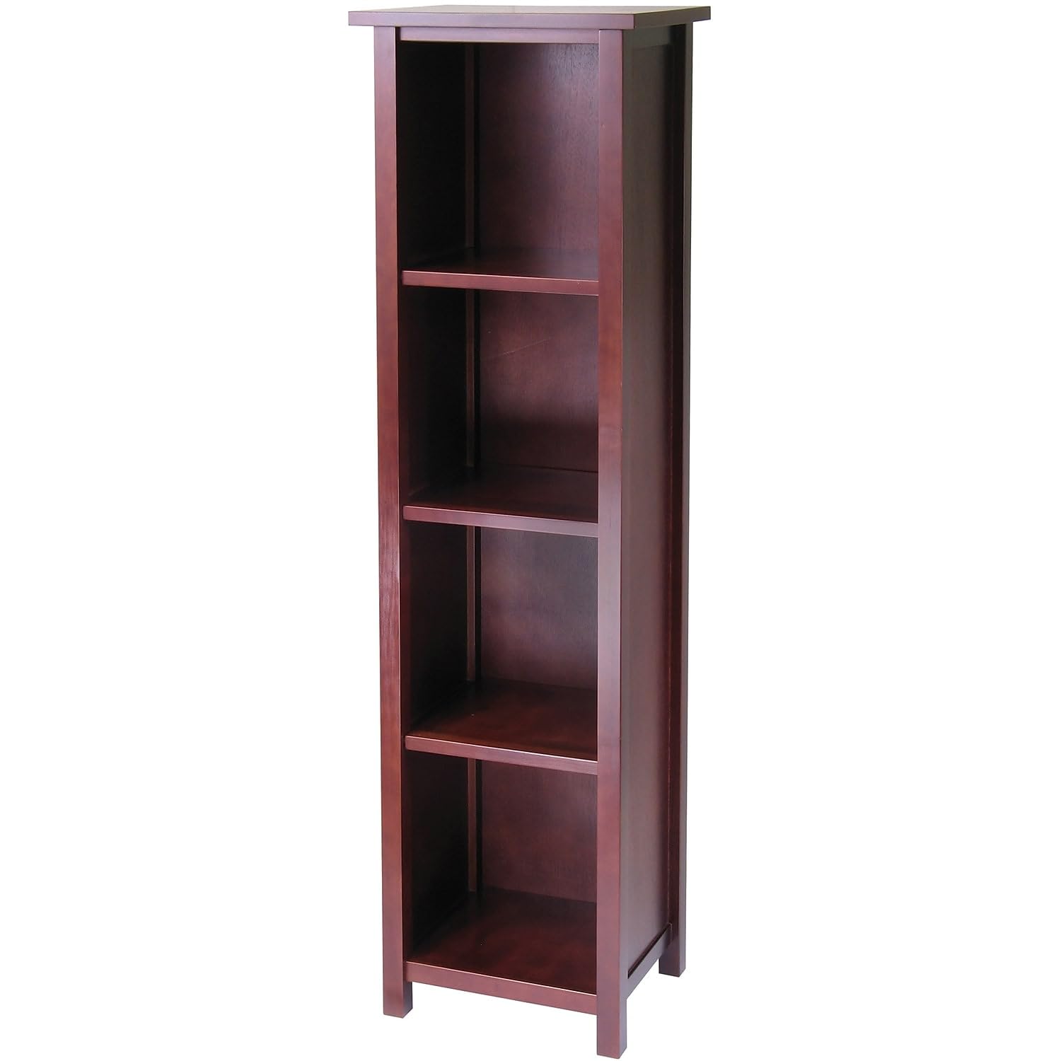 Winsome Wood Milan Wood 5 Tier Open Cabinet in Antique Walnut Finish and 4 Rattan Baskets in Antique Walnut Finish