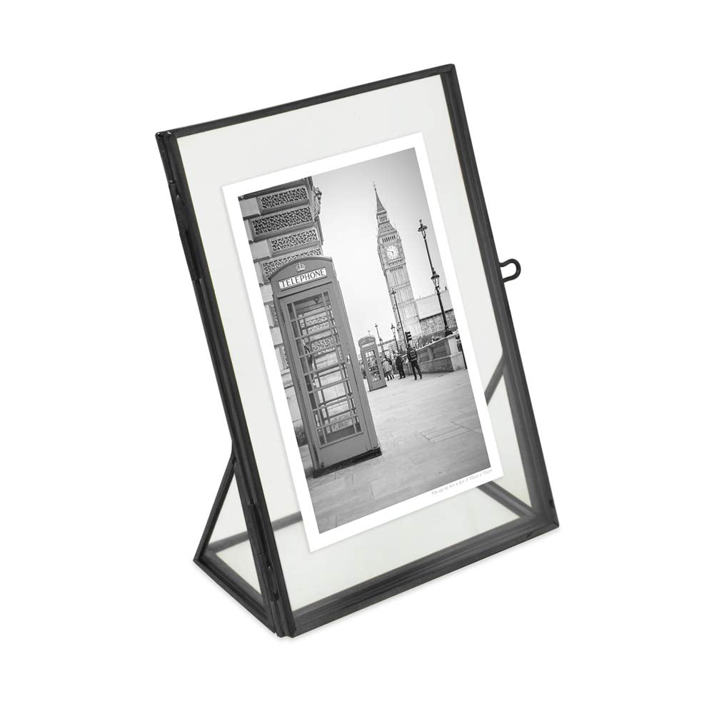 Isaac Jacobs 4x6, Black, Vintage Style Brass and Glass, Floating Photo Frame, Metal, (Vertical), with Locket Closure and Angled 