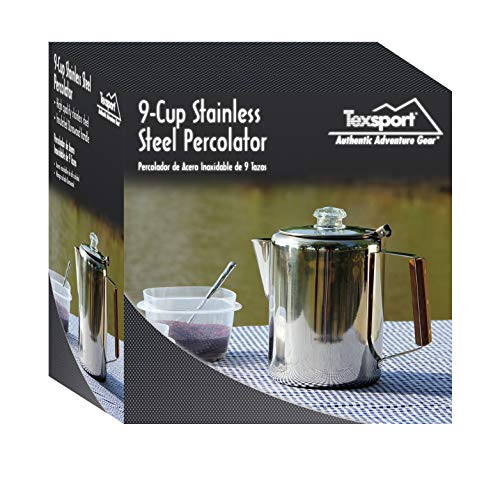 Texsport 9-Cup Stainless Steel Percolator Coffee Maker - Silver, Model 13215 for Outdoor Camping