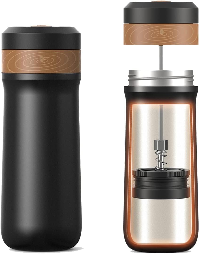 RECAFIMIL Portable French Press Stainless Steel Coffee Maker Travel French Press Insulated Bottle Cup  320ml Portable Coffee Ma