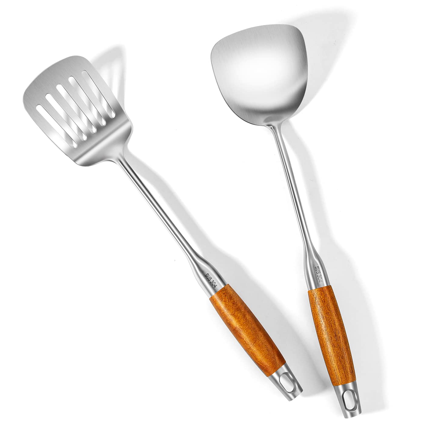 Klaqqed 2Pcs Wok Spatula Stainless Steel Set, Stainless Steel Metal Wok Spatulas Utensils Set For Cooking,Wide Long Wood Handle