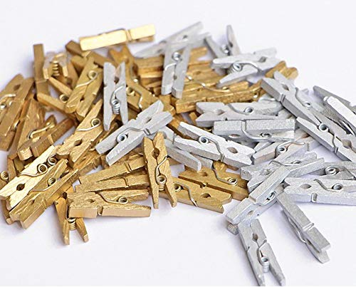 iKammo 50pcs Wood Gold Clothespins Mini Wooden Gold Clothes Pins for Photo Peg Pin Compatible Gift Wrapping  Picture Hanging  Arts&Crafts  Photo Display (Gold  3.5 * 0.7cm)