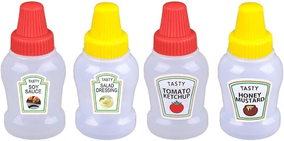 Jizlan 4 Pcs 25ml Mini Ketchup Bottles, Mini Condiment Squeeze Plastic Sauce Bottles Containers Empty Ketchup and Mustard Syrup 