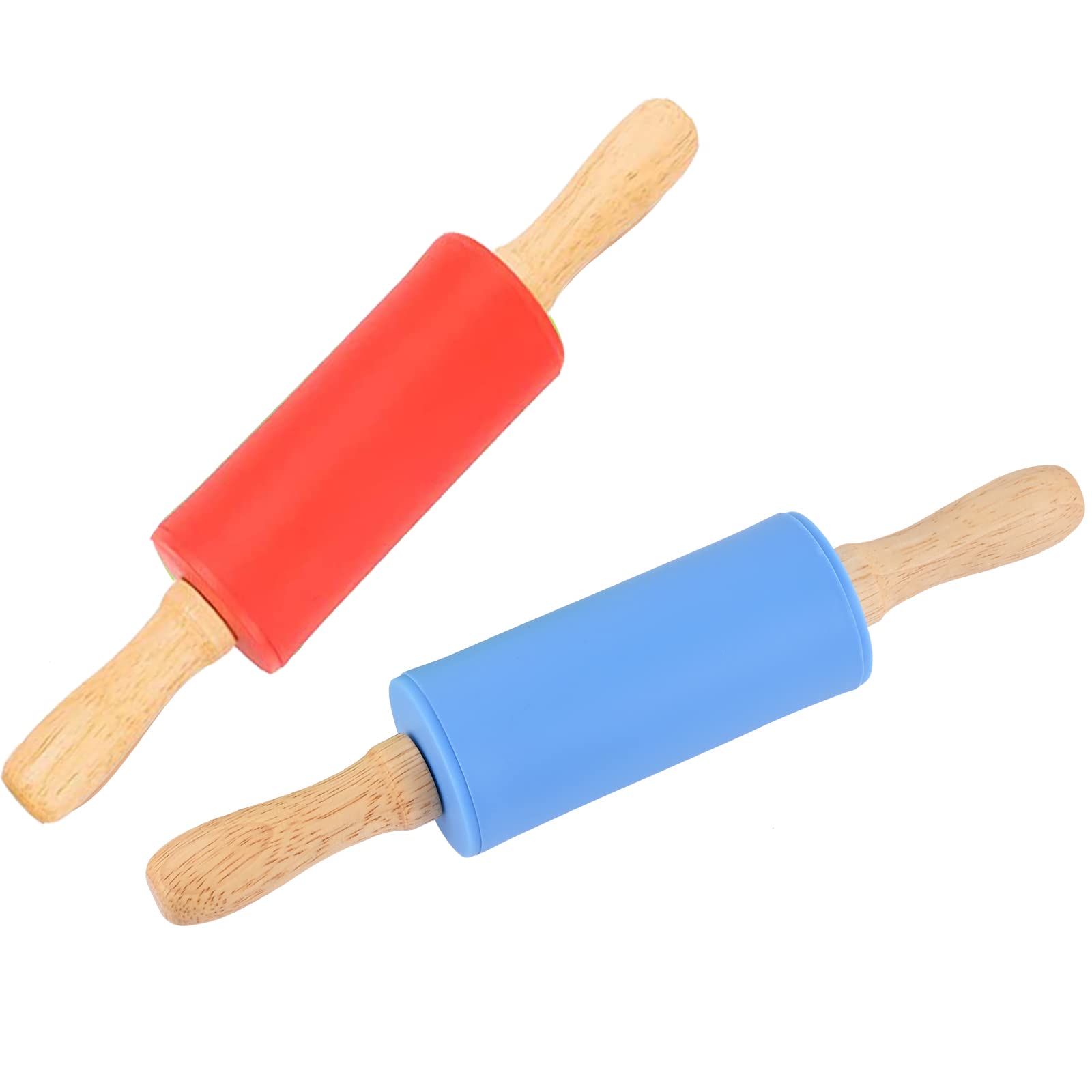 Mini Silicone Rolling Pin For Kids,Non-Stick Surface Wood Handle,9-Inch 2 Pack