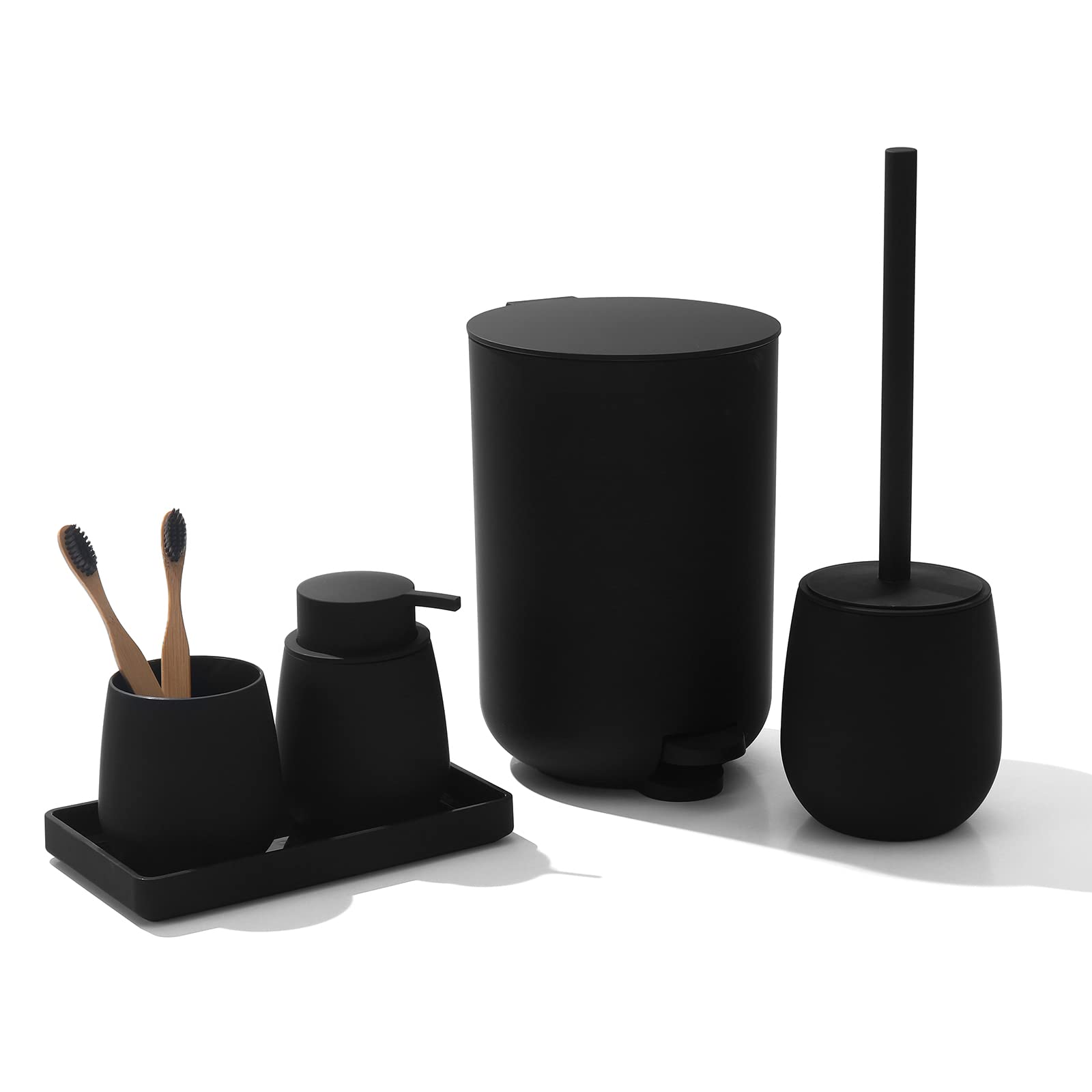 Gahefy Black Bathroom Accessories Set With Small Trash Can 3 Liter/0.8 Gallon,Toothbrush Holder,Soap Dispenser,Vanity Tray,Toile