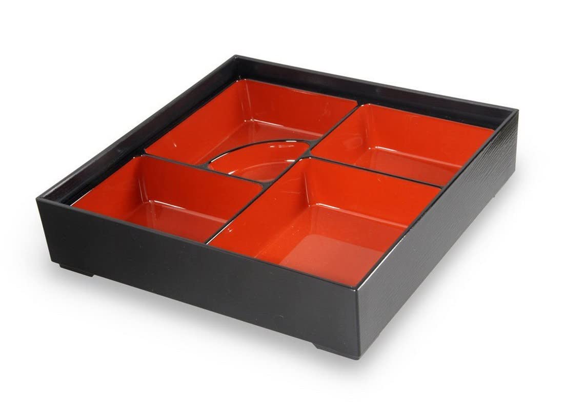 Japanbargain 4591, Red And Black Japanese Traditional Plastic Lacquered Lunch Bento Box 5 Compartments For Restaurant Or Home Tr