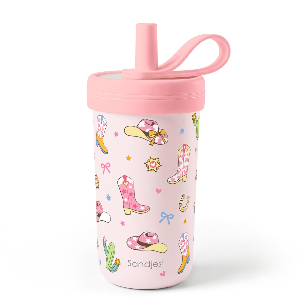 SANDJEST Kids Stainless Steel Tumbler with Silicone Straw 14oz, Cowgirl Insulated Drinking Cup for Children, Girls for Back To S