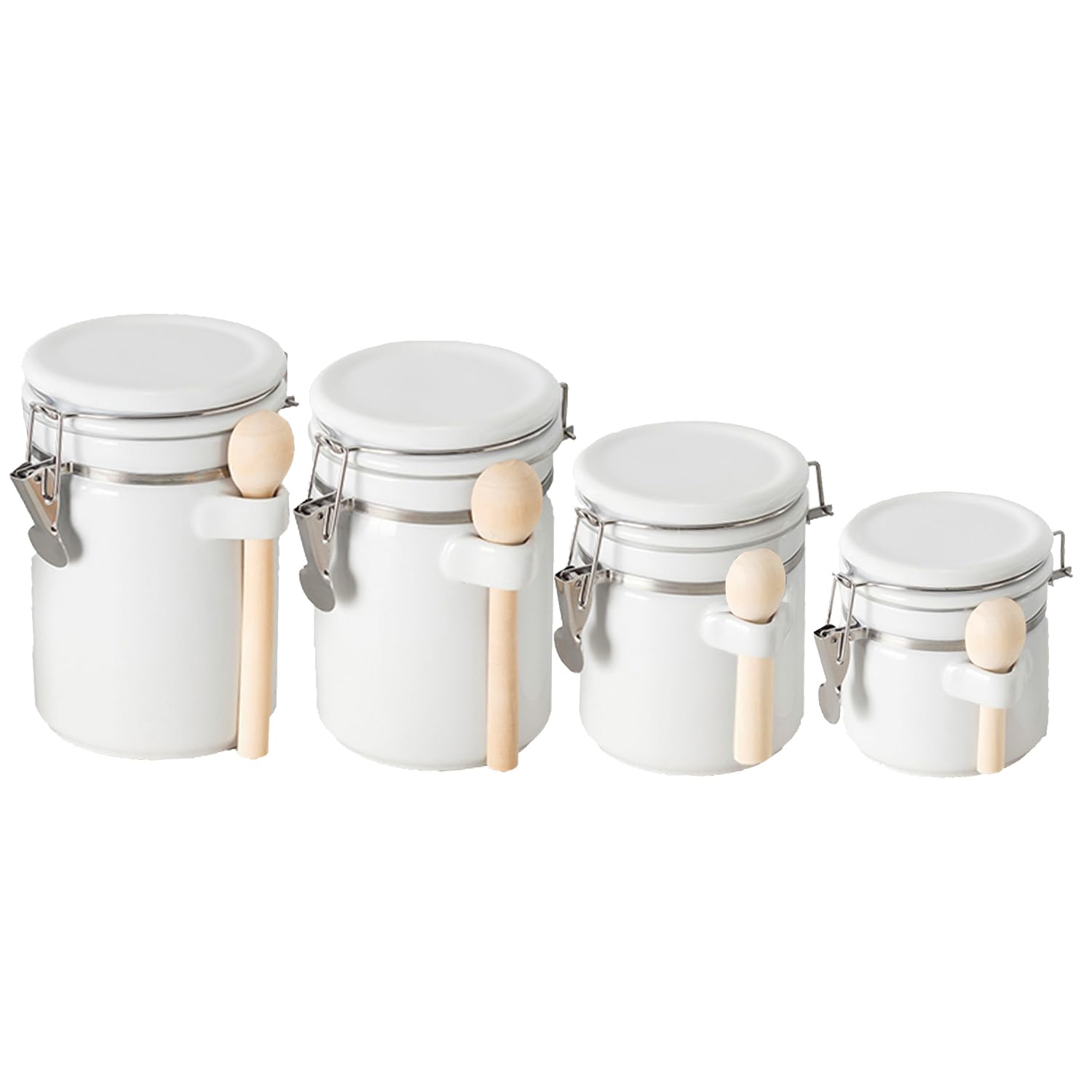 Canister Sets For The Kitchen (4 Piece Set) White, High Gloss Ceramic | By Home Basics | Decorative| With Wooden Spoons, Counter