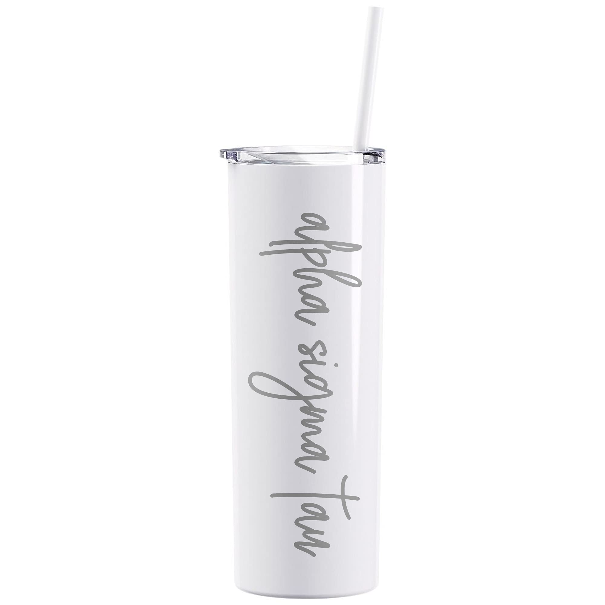 Go Greek Chic Alpha Sigma Tau Laser Engraved Skinny Tumbler With Straw (White)
