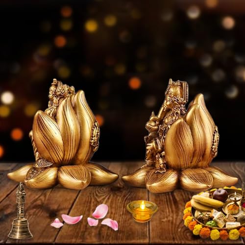 A&S Ventures Kamal Laxmi Ganesh Gold Idol Polyresin Laxmi Ganesh Ji Lakshmi Devi Idol Lord Ganesh Ji Statue For Home Puja Goddes