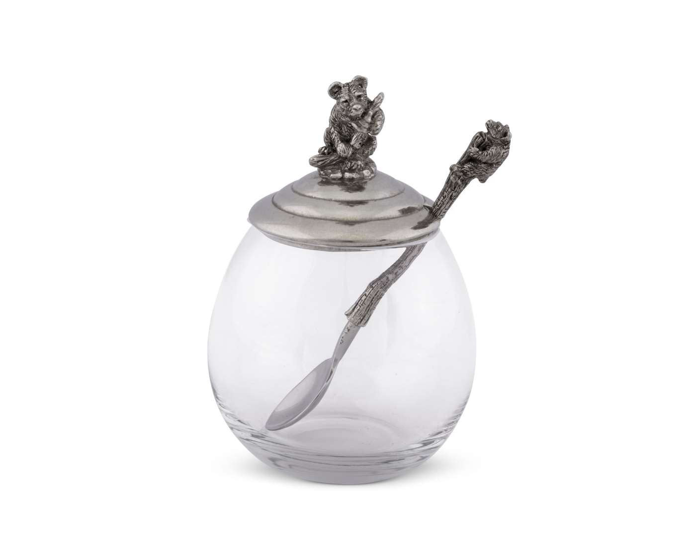 Vagabond House Pewter Little Bear Glass Honey Pot Sugar Bowl Jam Jelly Jar 5 Inch Tall 12 Oz