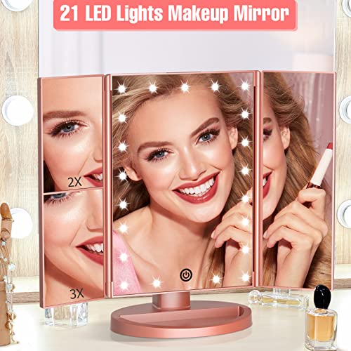 FASCINATE Lighted Makeup Mirror, Feature 21 Bright LED Lights, Dimmable Brightness, One Touch Power Switch, Multiple Magnifying