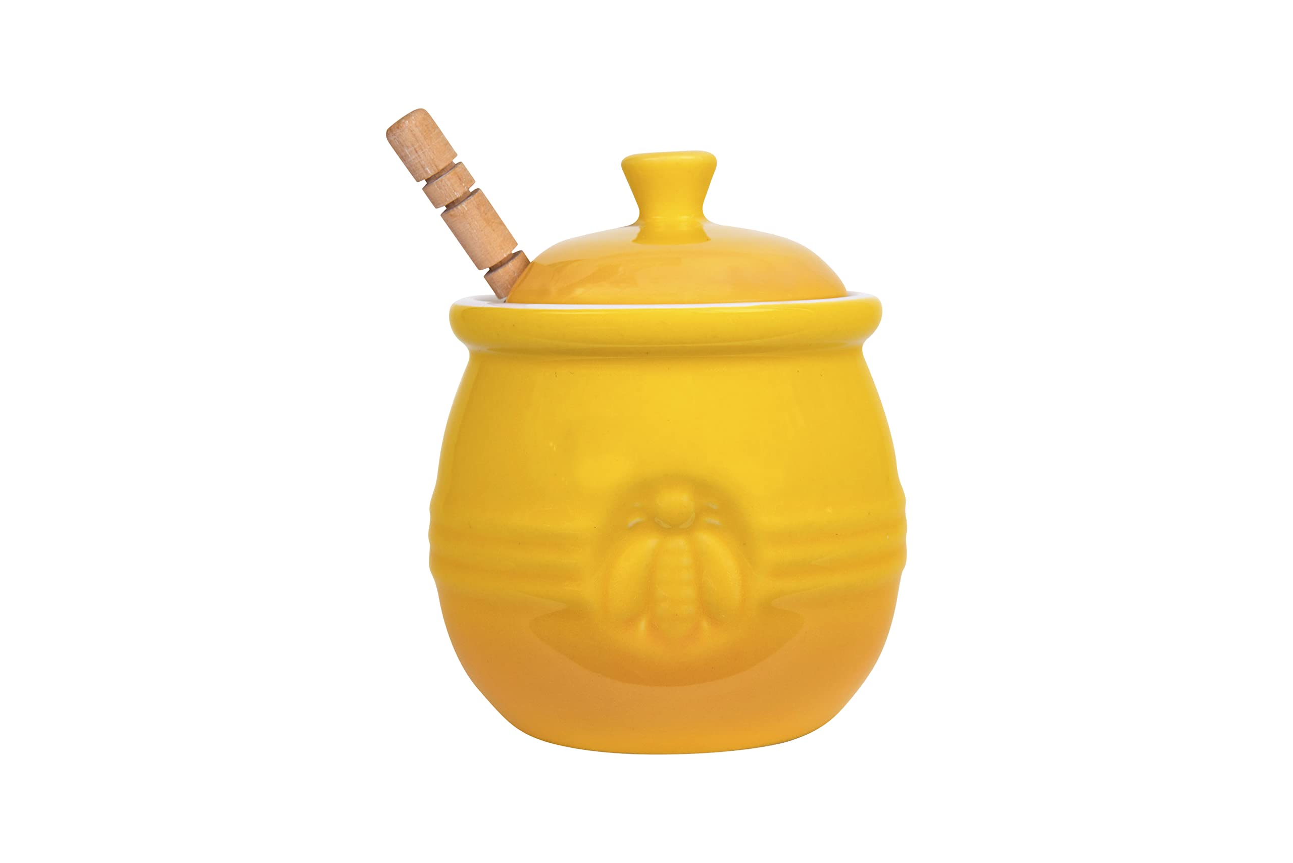 Creative Co-Op Farmhouse Embossed Stoneware Honey Pot With Wood Honey Dipper, Yellow