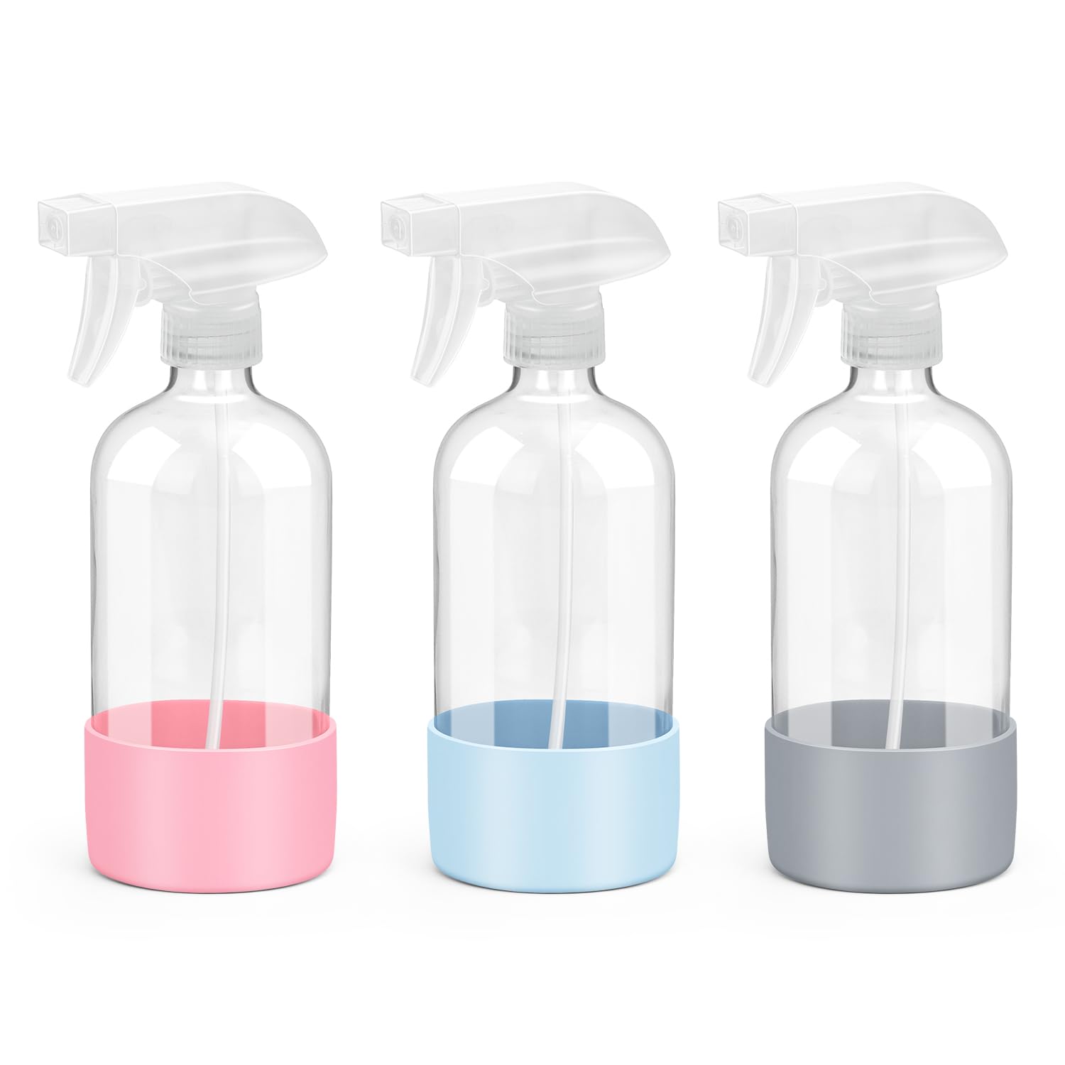 Rionisor Glass Spray Bottles With Silicone Sleeve Protection, Empty 16 Oz Refillable Containers, Reusable Spray Bottles With Adj