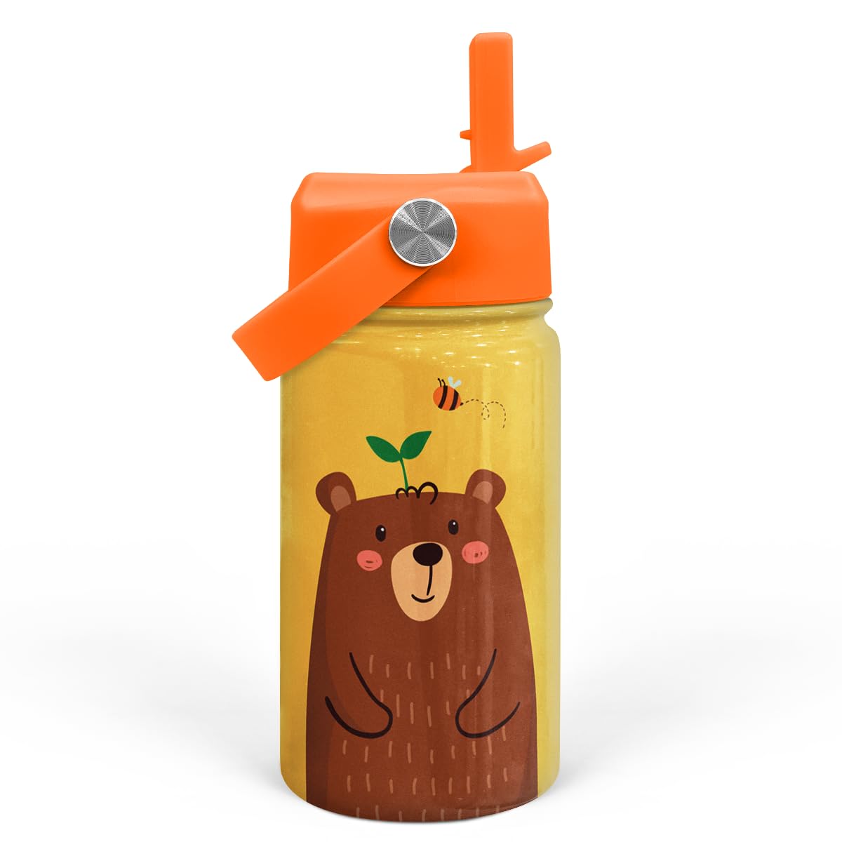 Bear Water Bottle - Kids Water Bottle with Straw Lid - 12 Oz Insulated Stainless Steel Water Bottles for Kid Boys - Travel Cup f