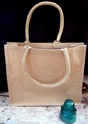 (Pack Of 12) Jute/Burlap Tote Bags Soft Cotton Handles Laminated Interior (Large, Natural)