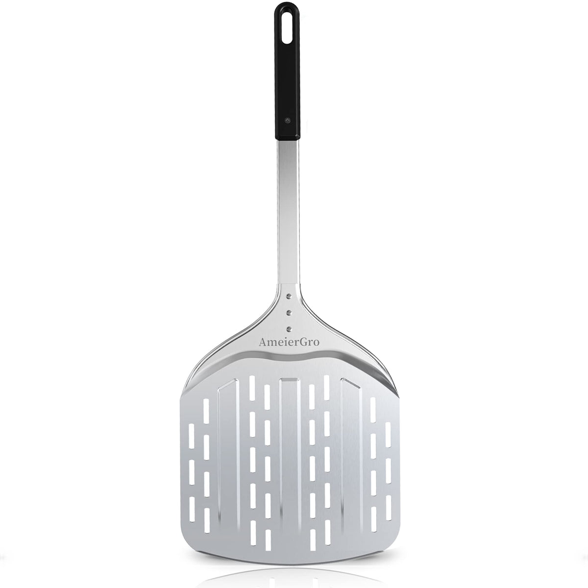 Ameiergro 12'' Perforated Pizza Peel, Long Handle(31'') Anodised Aluminum Pizza Spatula Paddle, Pizza Oven Accessories For Pizza