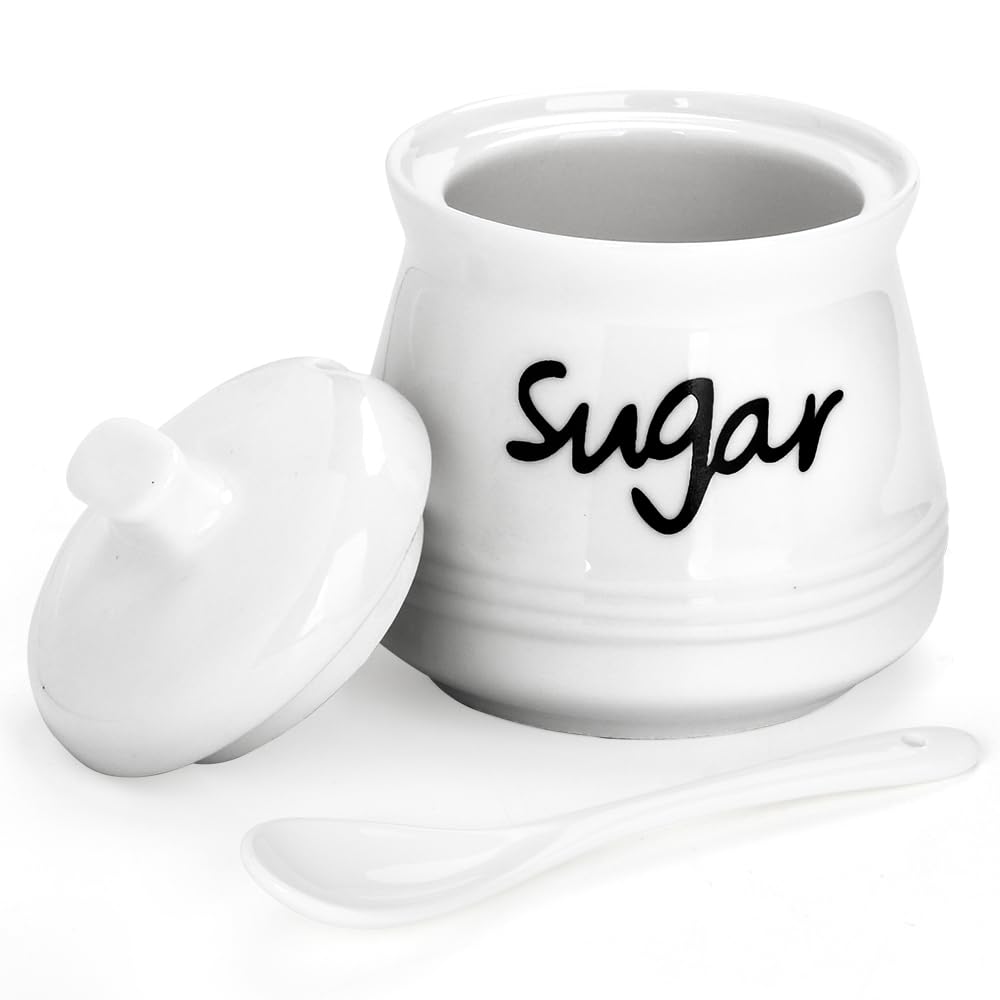 Swetwiny Ceramic Sugar Bowl With Lid And Spoon, 12 Ounces Porcelain Sugar Jar Sugar Dispenser, Sugar Container For Home And Kitc