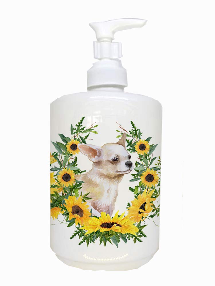Caroline'S Treasures Ck2889Soap Chihuahua Leg Up In Sunflowers Ceramic Soap Dispenser Hand Soap Dispenser Pump Bottles For Bathr