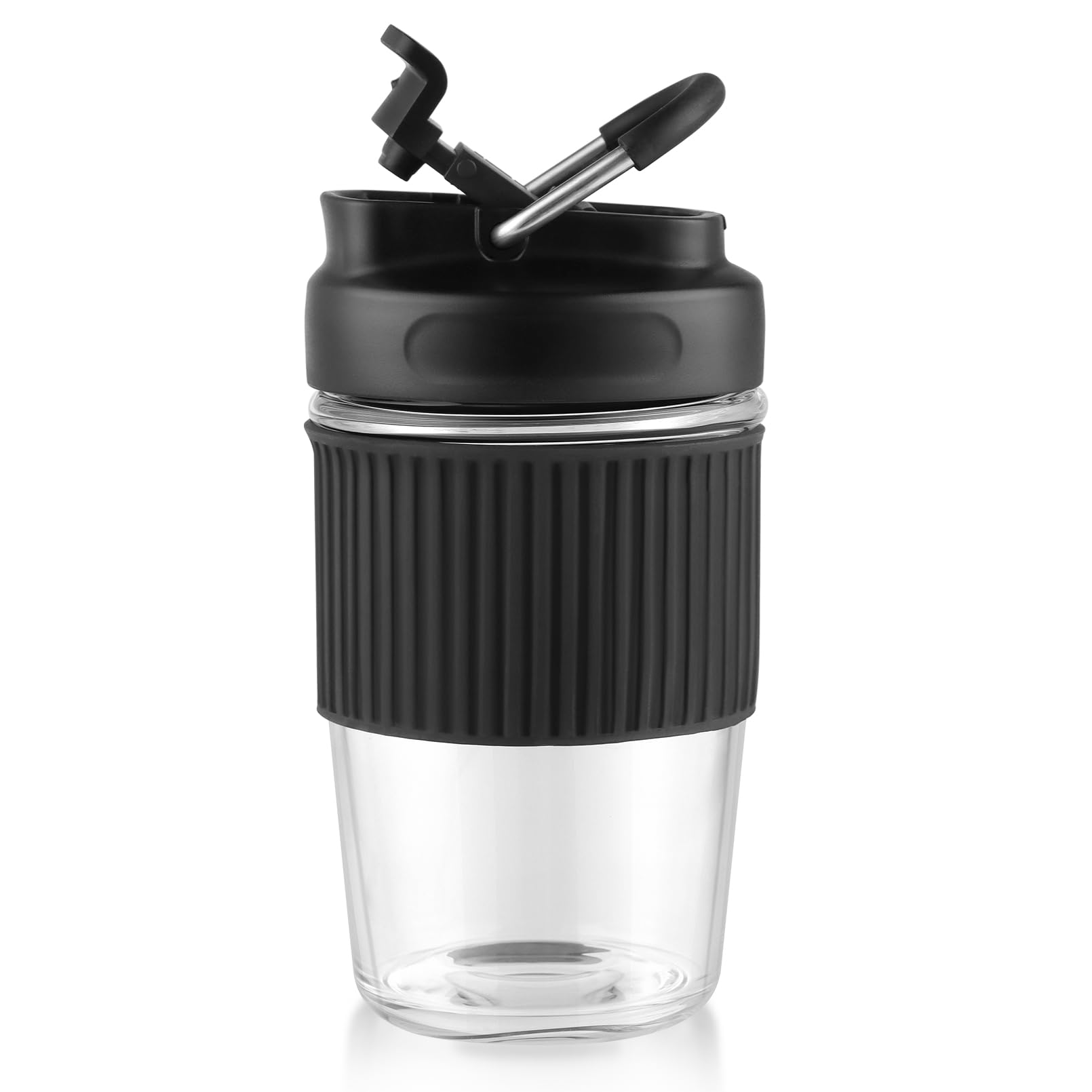 Sivaphe Reusable Glass Ice Hot Coffee Cup 16 oz, Portable Travel Mug with SpillProof Lid and Thermal Sleeve for Home Office Bla