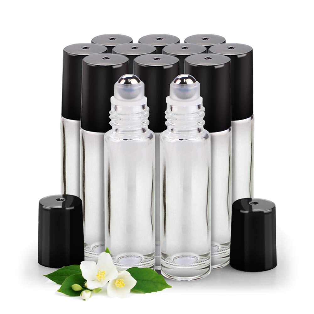 Sungwoo 12 Pack Essential Oil Roller Bottles, 10Ml Clear Glass Roller Bottles With Stainless Steel Roller Balls And Caps For Tra